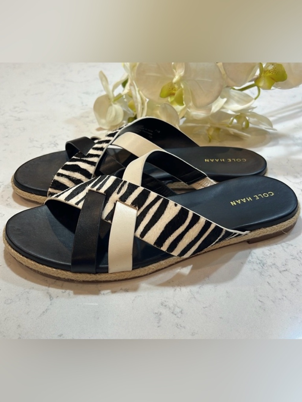 Cole Haan Florens Black and White Fur Slide Sandal Size 7.5